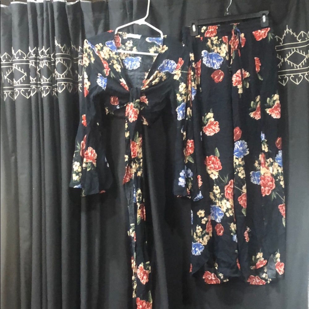 Two piece floral outfit.